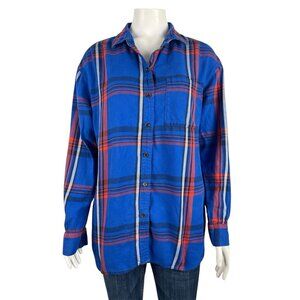 Old Navy Boyfriend Button Down Womens Shirt Medium Blue Plaid Long Sleeve Top